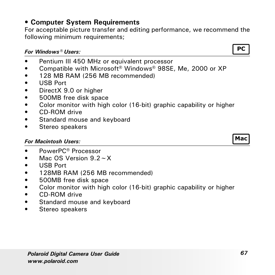 Computer system requirements | Polaroid a700 User Manual | Page 67 / 84