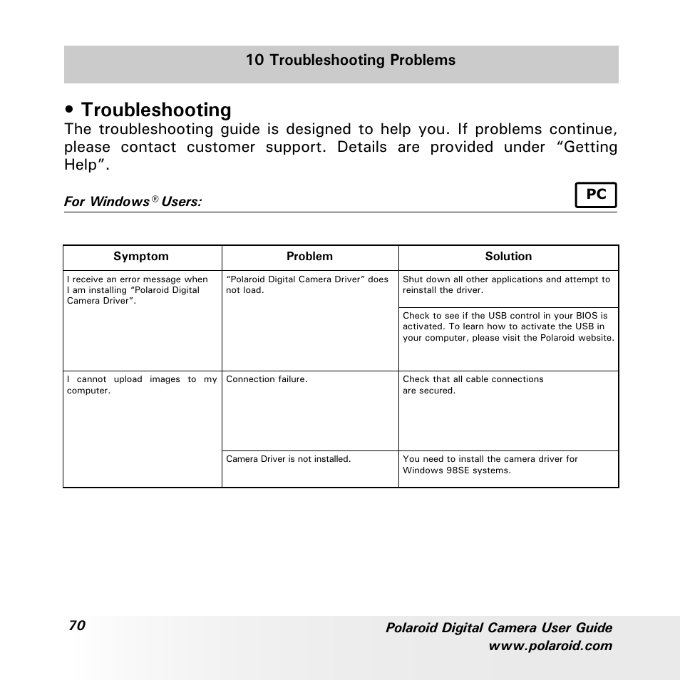Troubleshooting, 10 troubleshooting problems | Polaroid a700 User Manual | Page 70 / 84