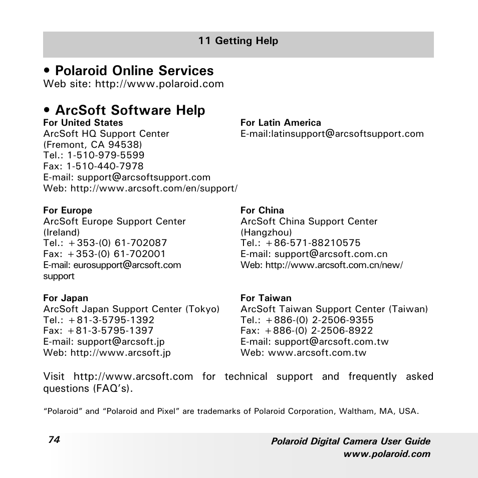 Polaroid online services, Arcsoft software help | Polaroid a700 User Manual | Page 74 / 84