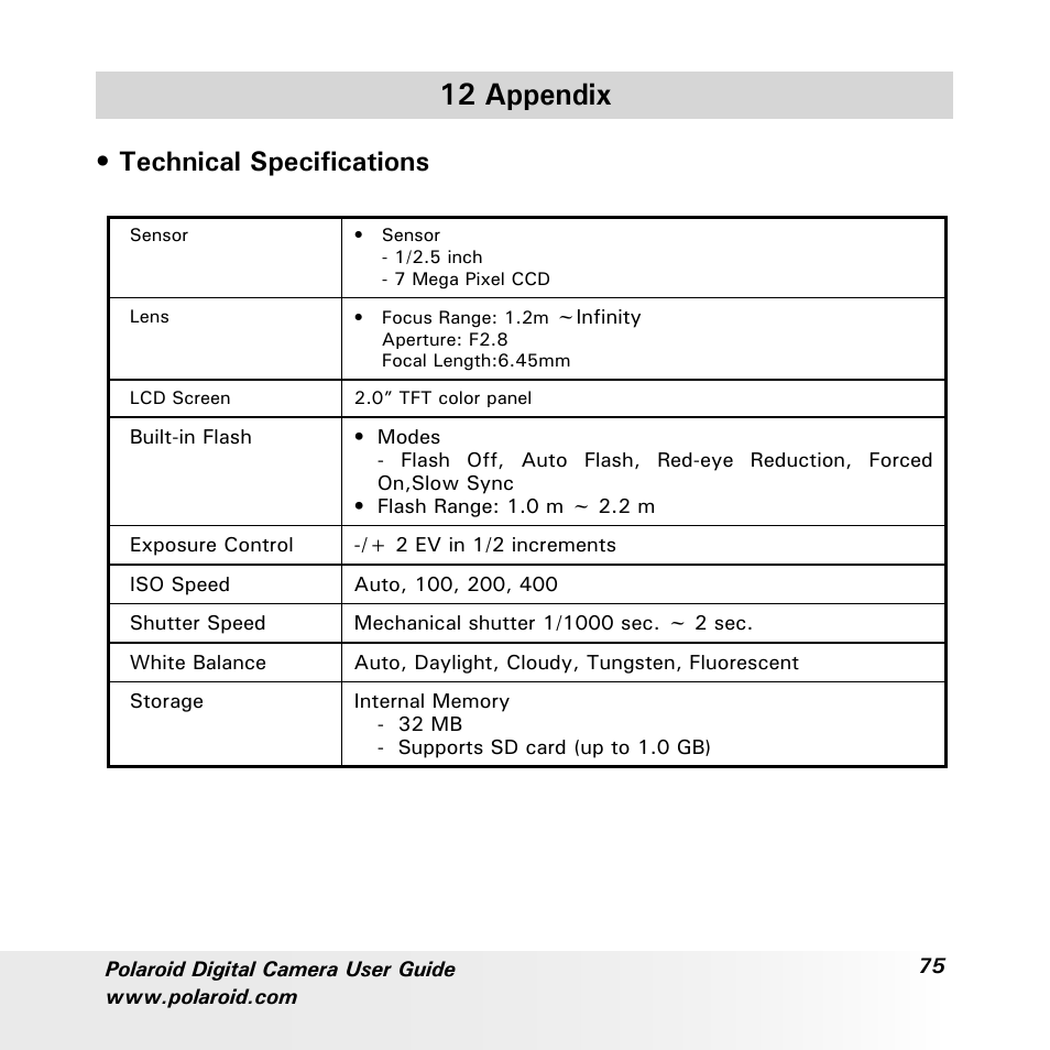 12 appendix, Technical specifications | Polaroid a700 User Manual | Page 75 / 84