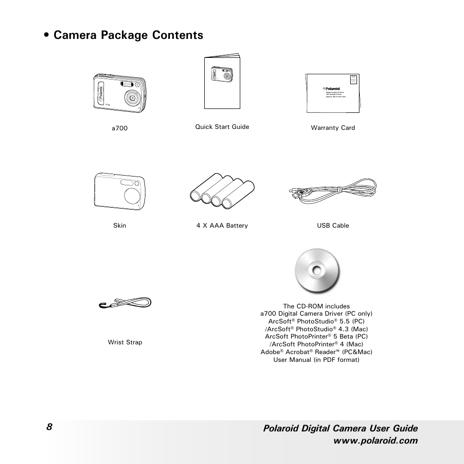 Camera package contents | Polaroid a700 User Manual | Page 8 / 84