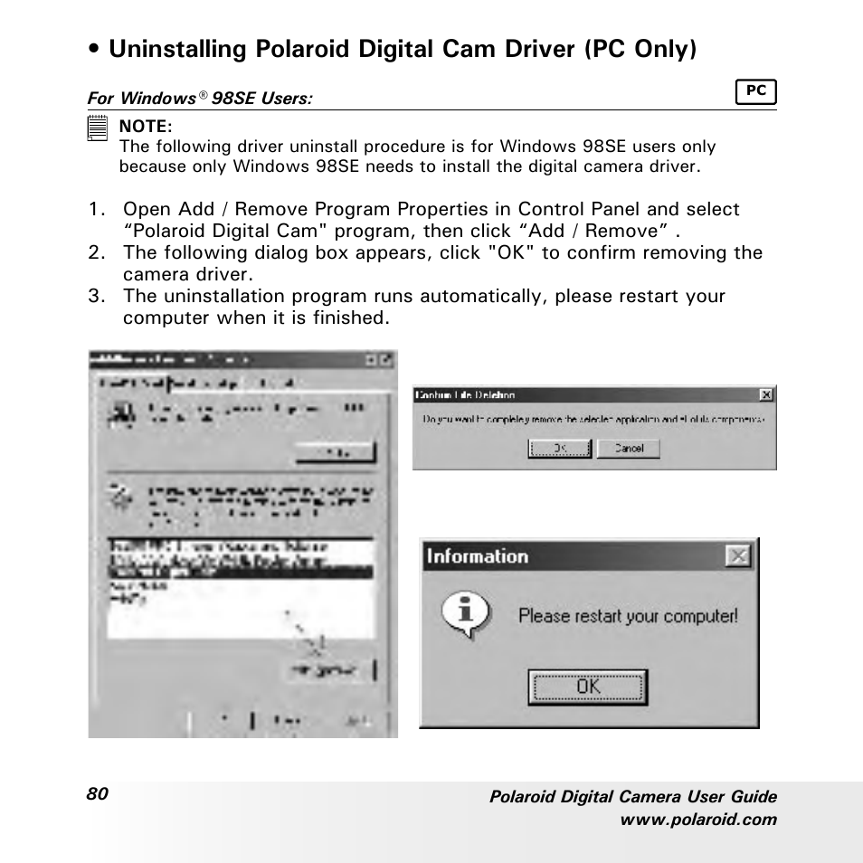 Uninstalling polaroid digital cam driver (pc only) | Polaroid a700 User Manual | Page 80 / 84