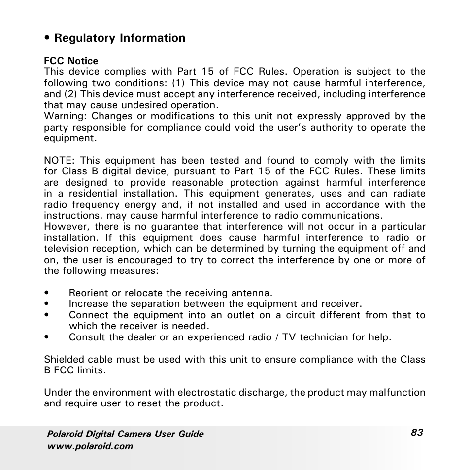 Regulatory information | Polaroid a700 User Manual | Page 83 / 84