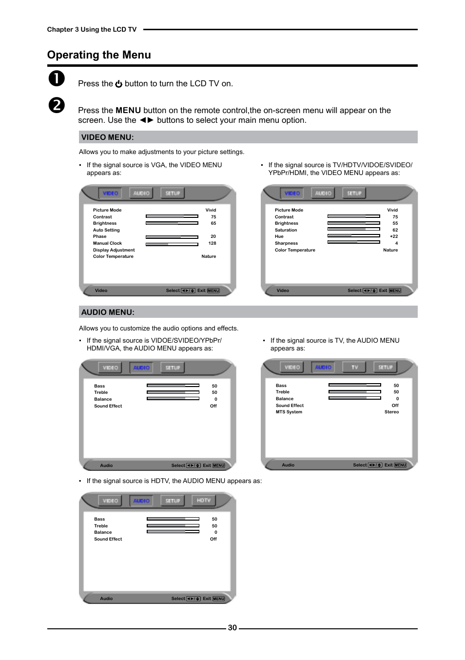 Operating the menu, Press the button to turn the lcd tv on, Video menu: audio menu | Polaroid FLM-3232 User Manual | Page 31 / 59