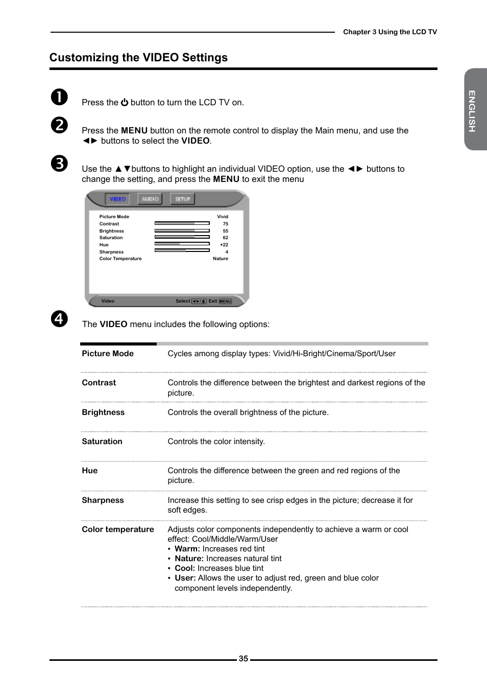 Customizing the video settings | Polaroid FLM-3232 User Manual | Page 36 / 59