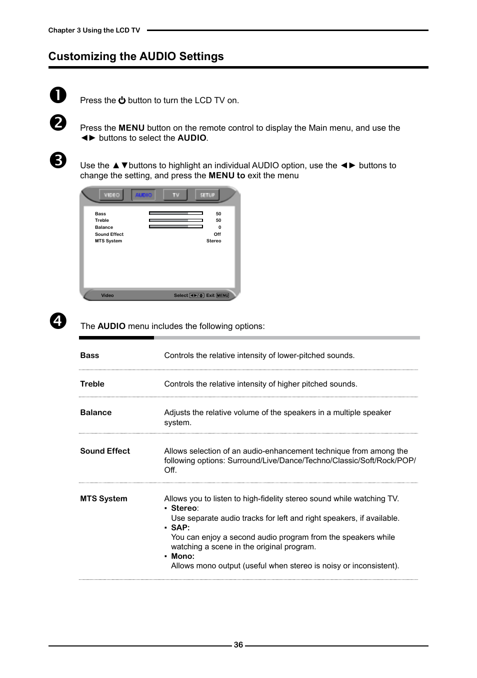 Customizing the audio settings | Polaroid FLM-3232 User Manual | Page 37 / 59