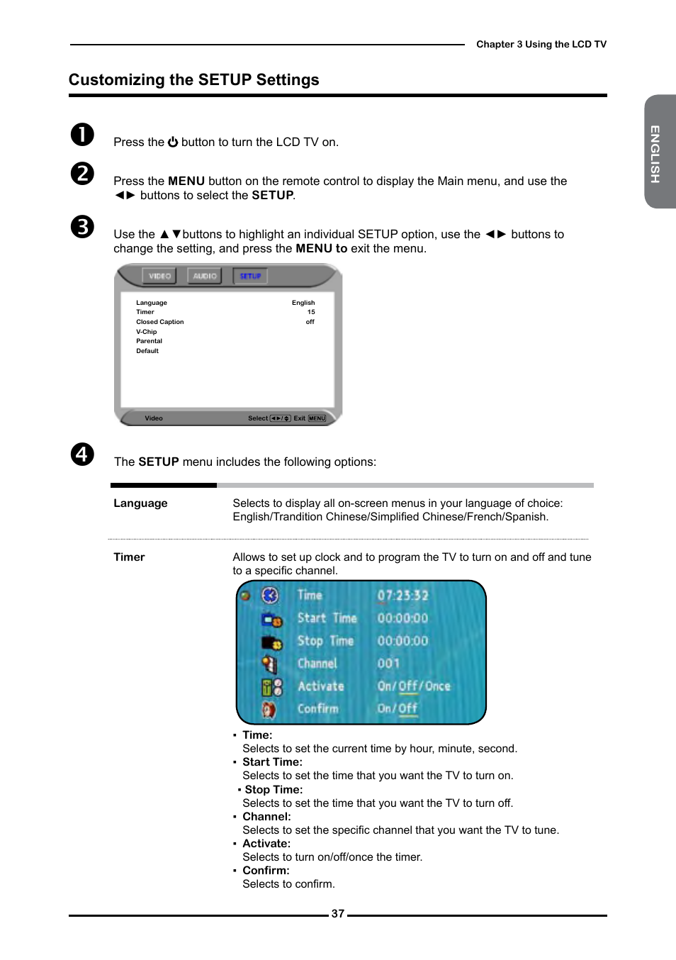 Customizing the setup settings | Polaroid FLM-3232 User Manual | Page 38 / 59