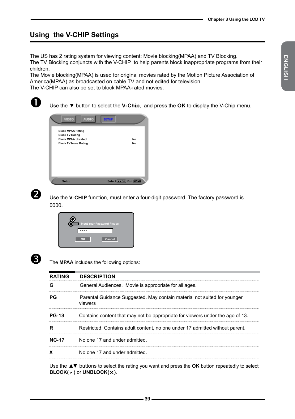 Using the v-chip settings | Polaroid FLM-3232 User Manual | Page 40 / 59