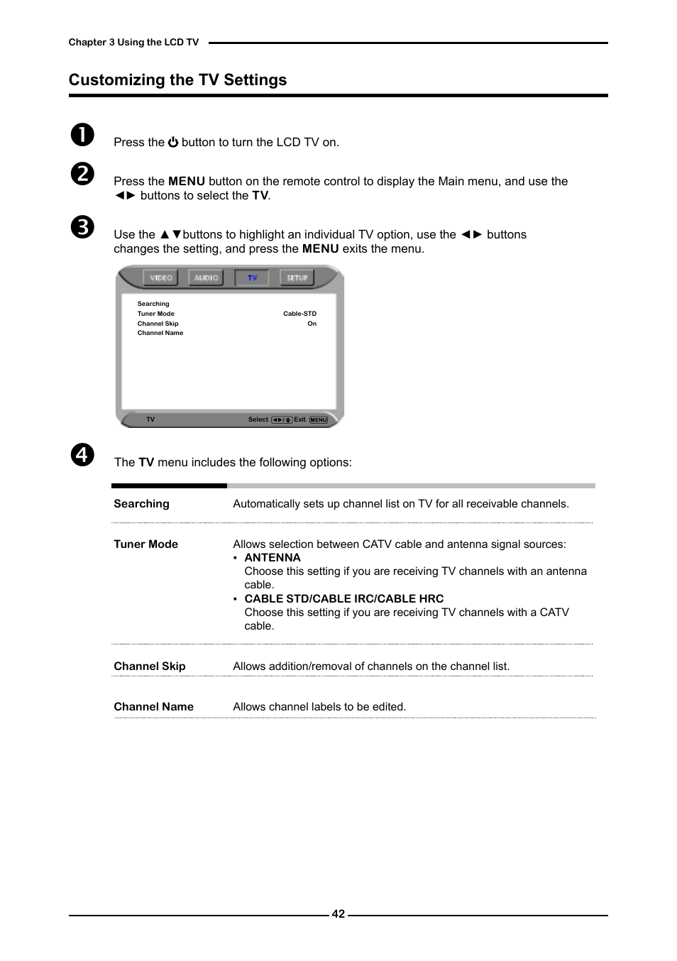 Customizing the tv settings | Polaroid FLM-3232 User Manual | Page 43 / 59