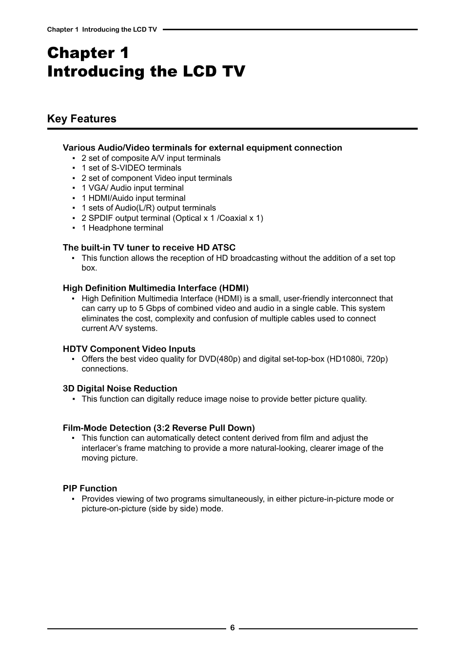 Introducing the lcd tv, Key features, Chapter 1 introducing the lcd tv | Polaroid FLM-3232 User Manual | Page 7 / 59