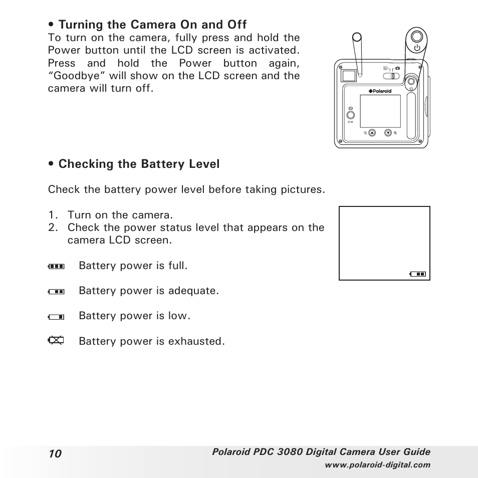 Turning the camera on and off, Checking the battery level | Polaroid PDC3080 User Manual | Page 10 / 90