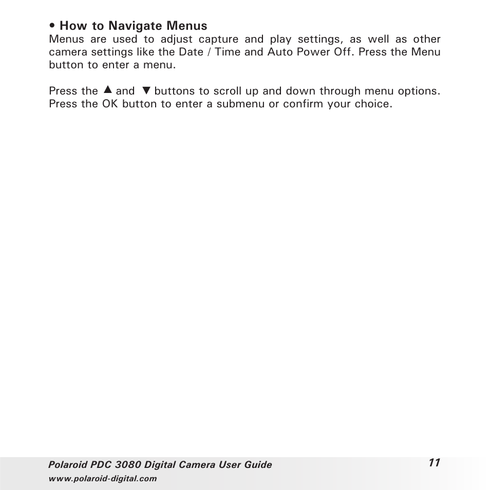 How to navigate menus | Polaroid PDC3080 User Manual | Page 11 / 90