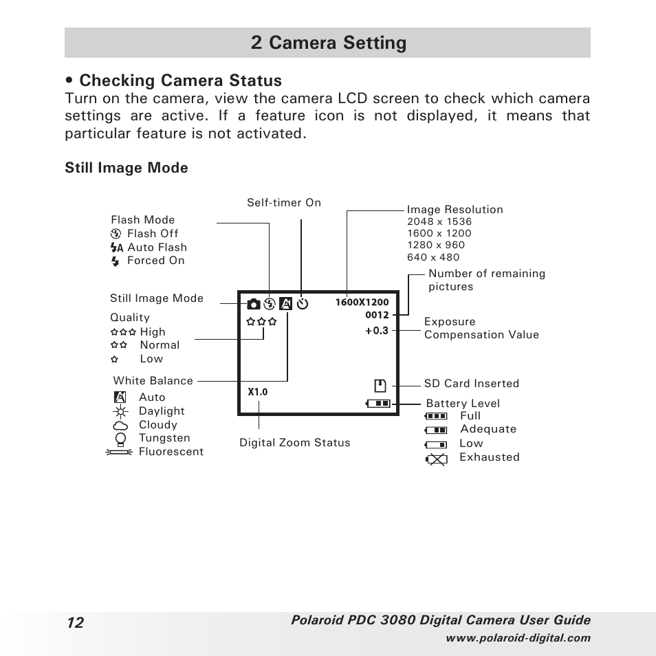 2 camera setting, Checking camera status | Polaroid PDC3080 User Manual | Page 12 / 90