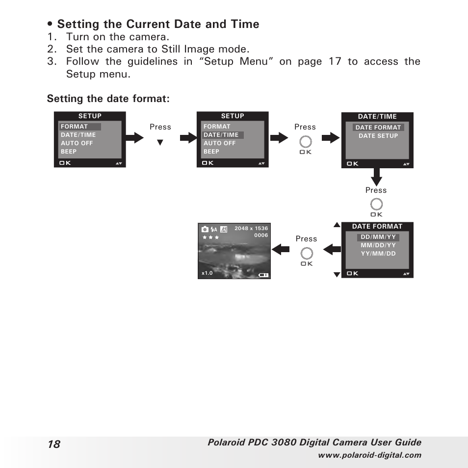 Setting the current date and time | Polaroid PDC3080 User Manual | Page 18 / 90