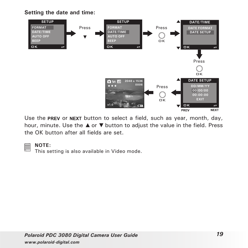 Setting the date and time | Polaroid PDC3080 User Manual | Page 19 / 90