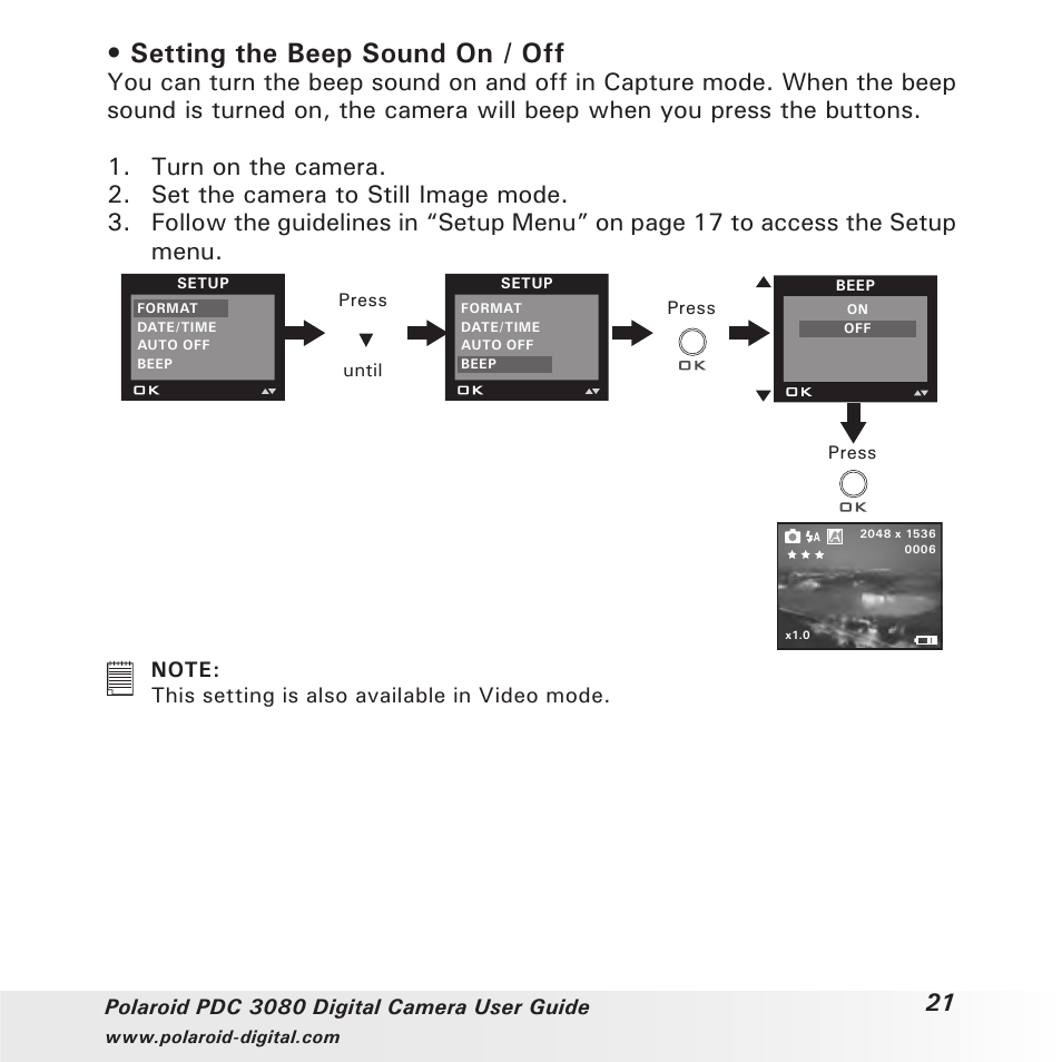 Setting the beep sound on / off | Polaroid PDC3080 User Manual | Page 21 / 90