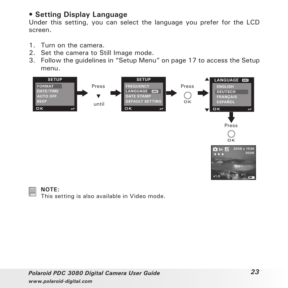 Setting display language | Polaroid PDC3080 User Manual | Page 23 / 90
