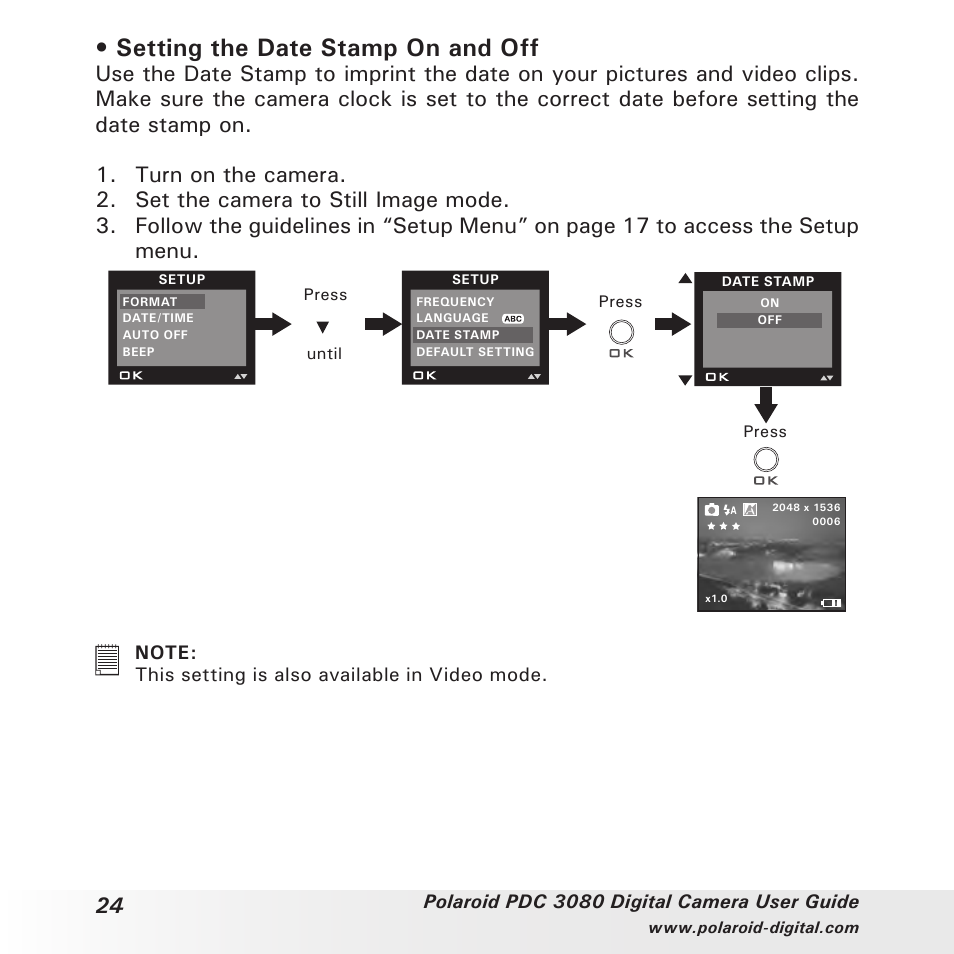 Setting the date stamp on and off | Polaroid PDC3080 User Manual | Page 24 / 90