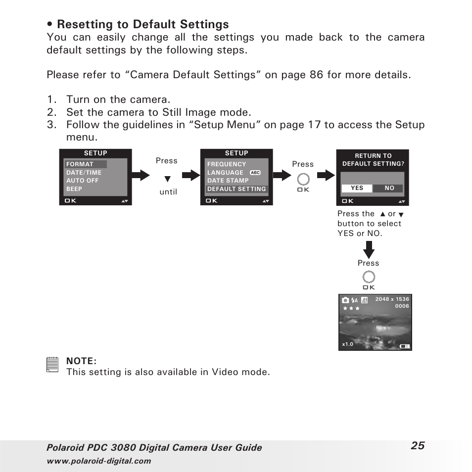 Resetting to default settings | Polaroid PDC3080 User Manual | Page 25 / 90