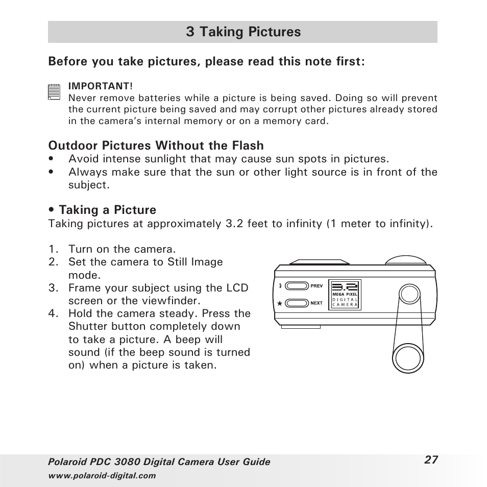 3 taking pictures, Outdoor pictures without the flash, Taking a picture | Polaroid PDC3080 User Manual | Page 27 / 90