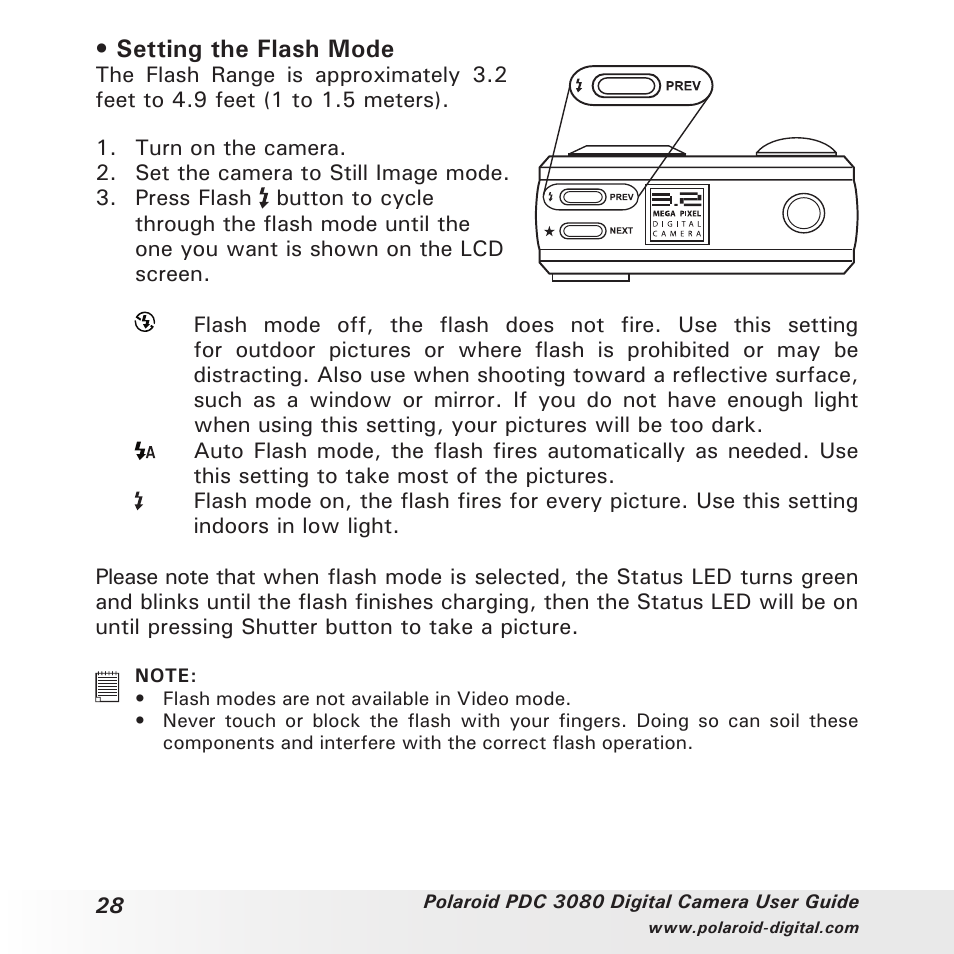 Setting the flash mode | Polaroid PDC3080 User Manual | Page 28 / 90