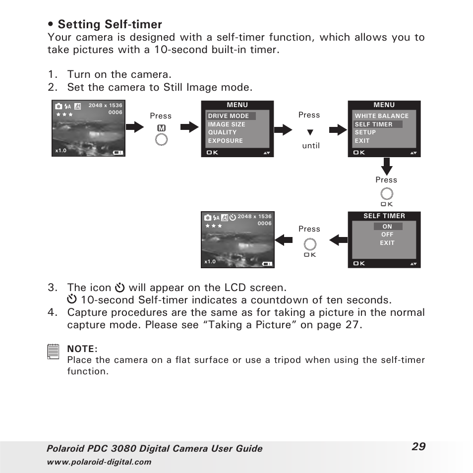 Setting self-timer | Polaroid PDC3080 User Manual | Page 29 / 90