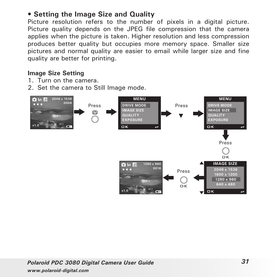 Setting the image size and quality | Polaroid PDC3080 User Manual | Page 31 / 90