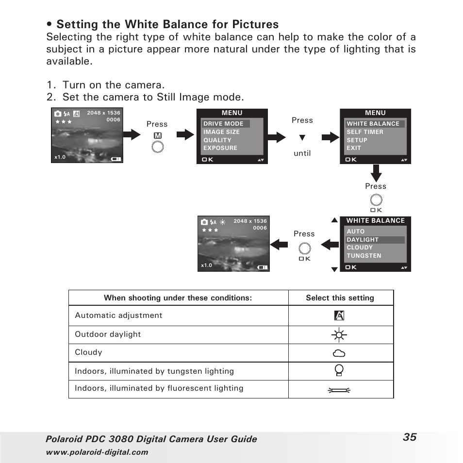 Setting the white balance for pictures | Polaroid PDC3080 User Manual | Page 35 / 90