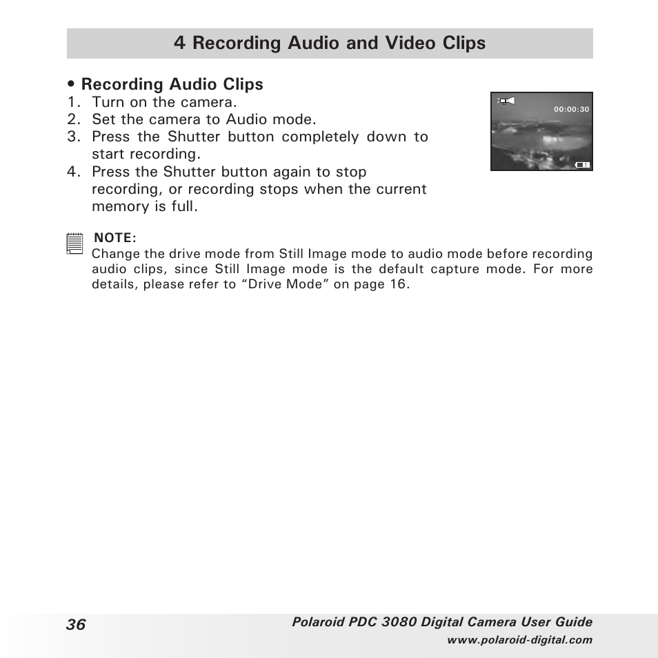 4 recording audio and video clips, Recording audio clips | Polaroid PDC3080 User Manual | Page 36 / 90