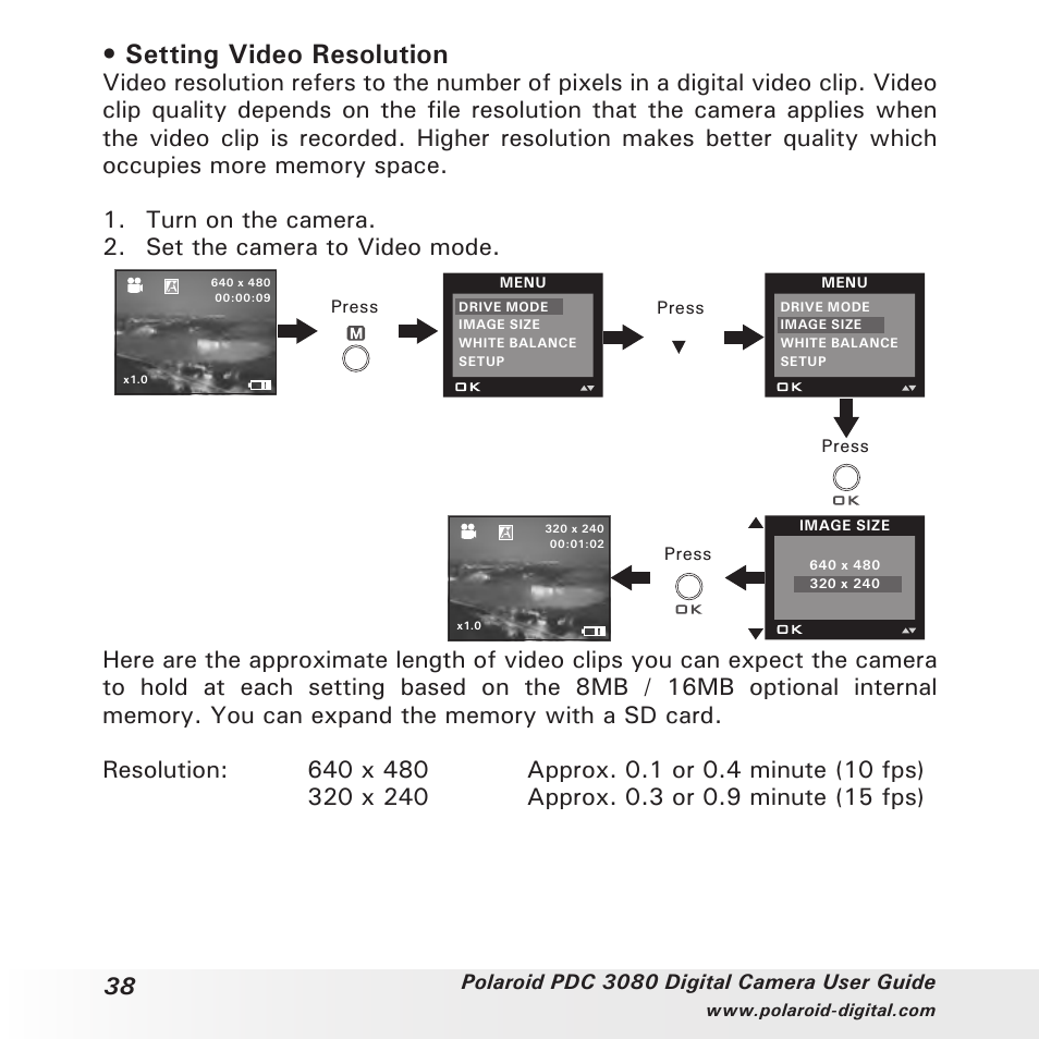 Setting video resolution | Polaroid PDC3080 User Manual | Page 38 / 90