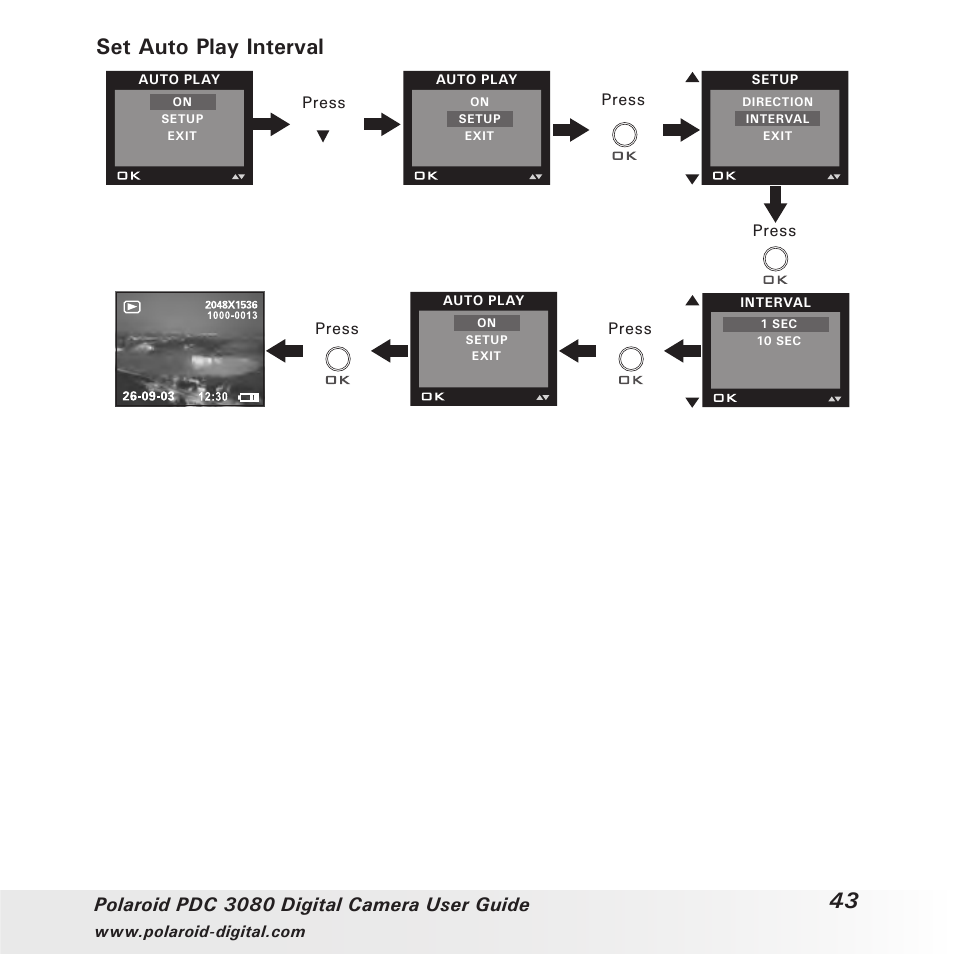 Set auto play interval, Polaroid pdc 3080 digital camera user guide | Polaroid PDC3080 User Manual | Page 43 / 90