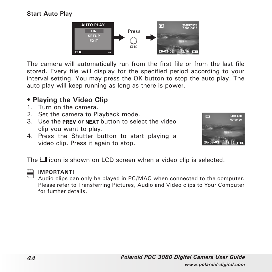 Playing the video clip | Polaroid PDC3080 User Manual | Page 44 / 90