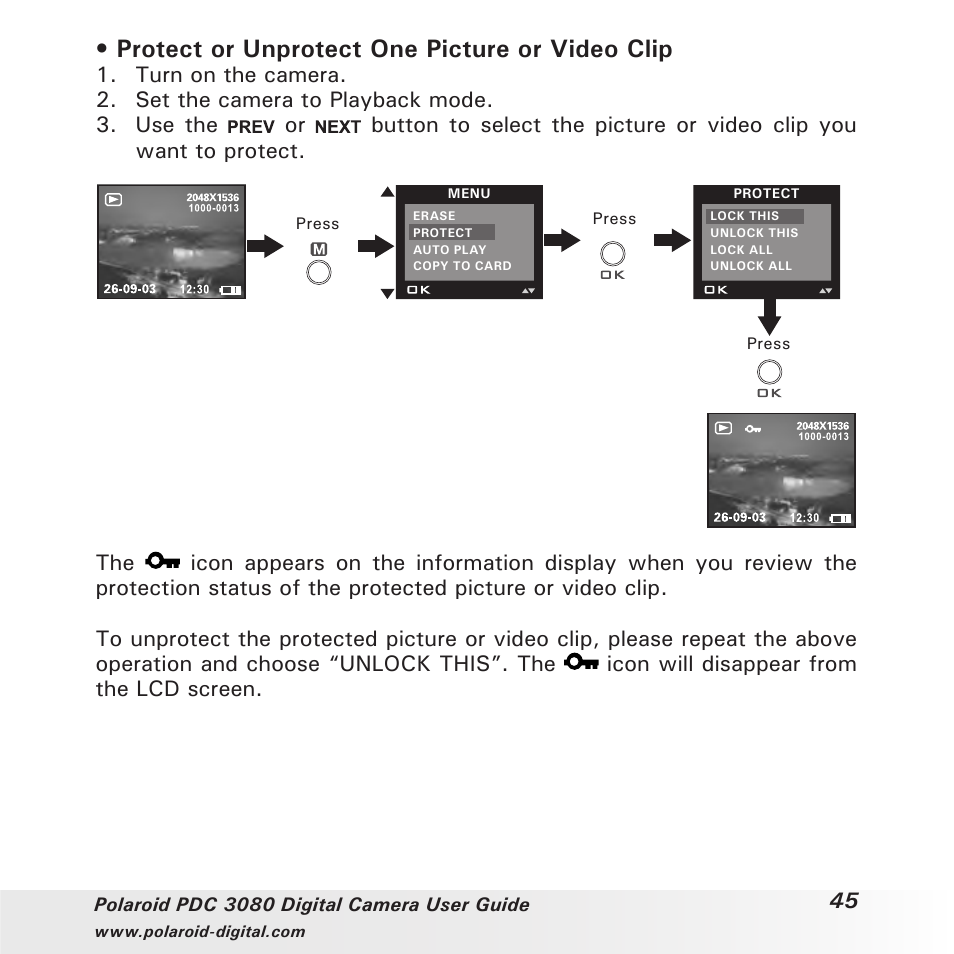 Protect or unprotect one picture or video clip | Polaroid PDC3080 User Manual | Page 45 / 90