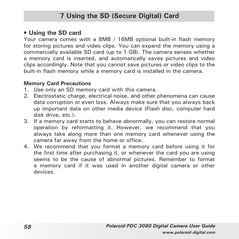 7 using the sd (secure digital) card | Polaroid PDC3080 User Manual | Page 58 / 90