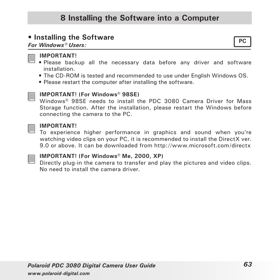 8 installing the software into a computer, Installing the software | Polaroid PDC3080 User Manual | Page 63 / 90