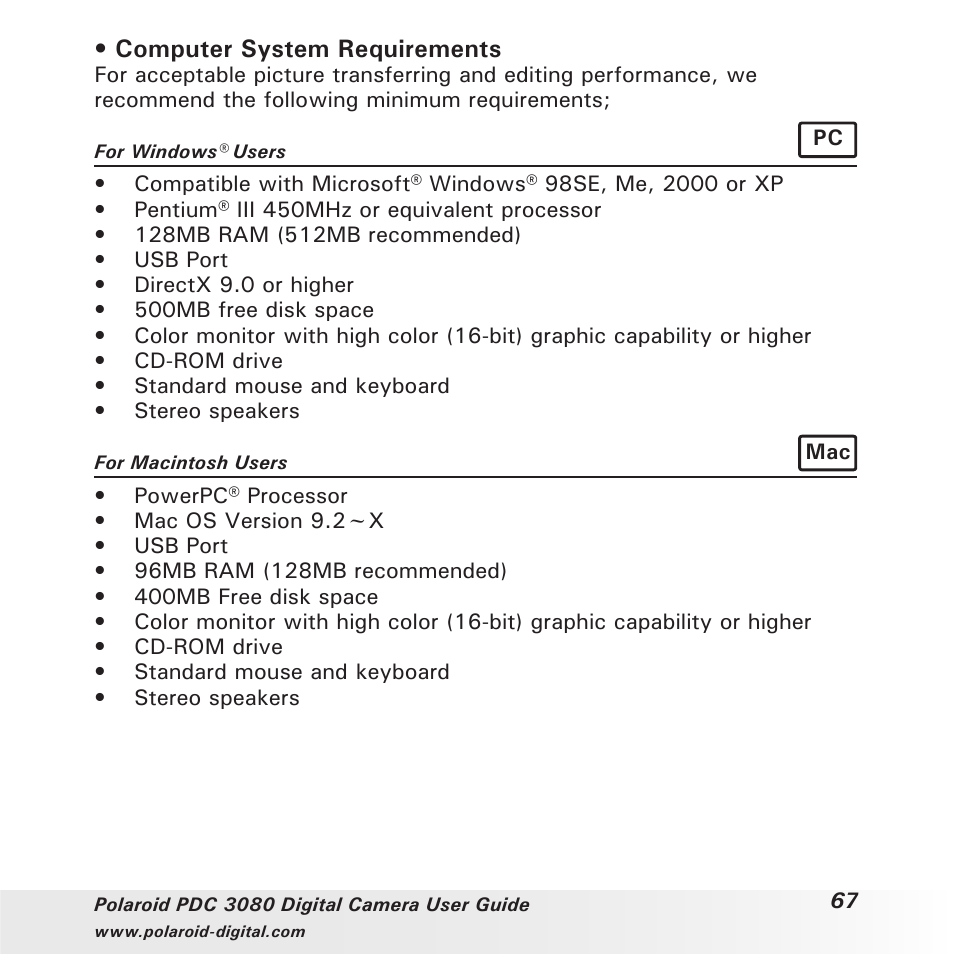 Computer system requirements | Polaroid PDC3080 User Manual | Page 67 / 90