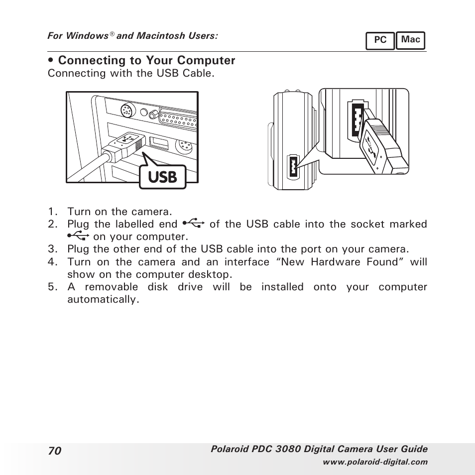 Connecting to your computer | Polaroid PDC3080 User Manual | Page 70 / 90