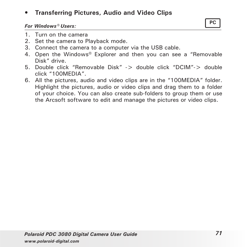 Transferring pictures, audio and video clips | Polaroid PDC3080 User Manual | Page 71 / 90