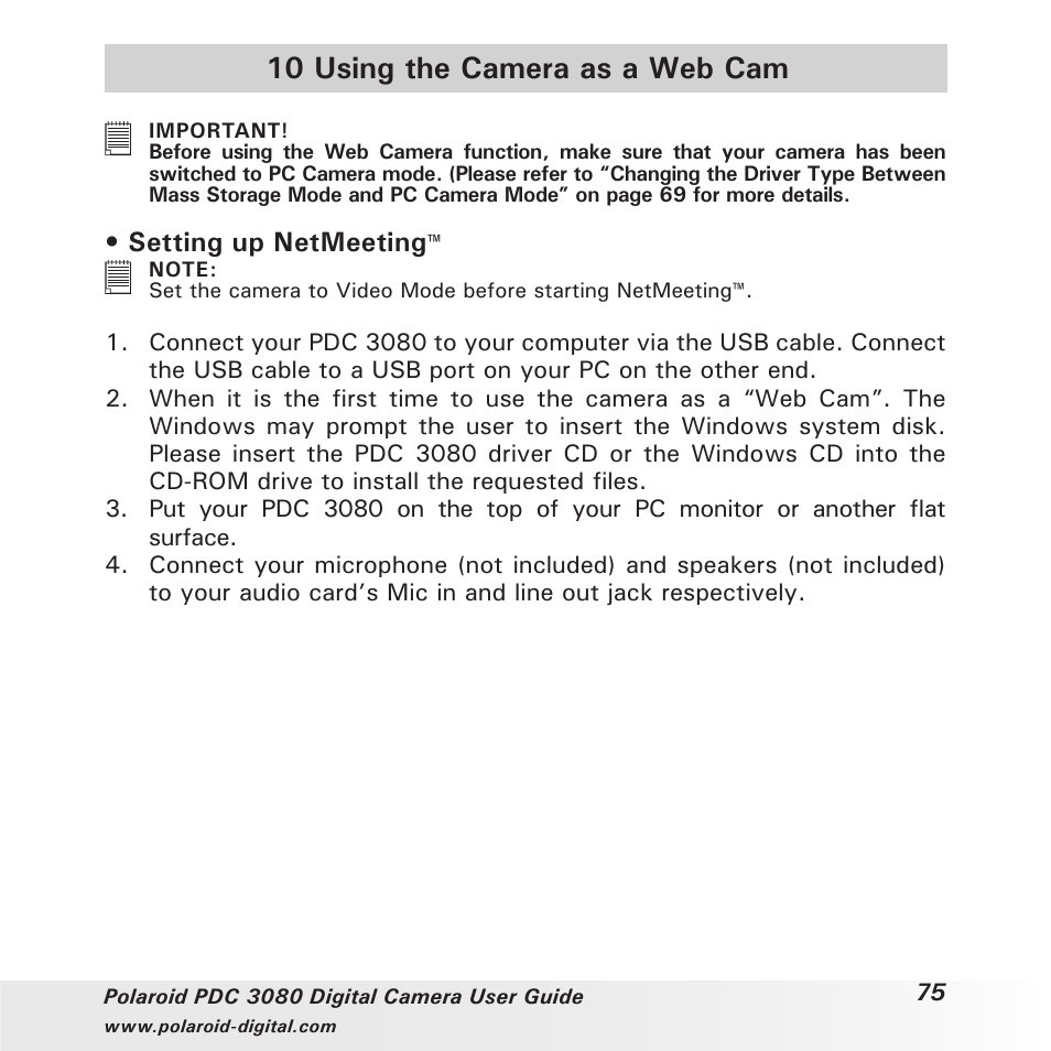 10 using the camera as a web cam, Setting up netmeeting | Polaroid PDC3080 User Manual | Page 75 / 90