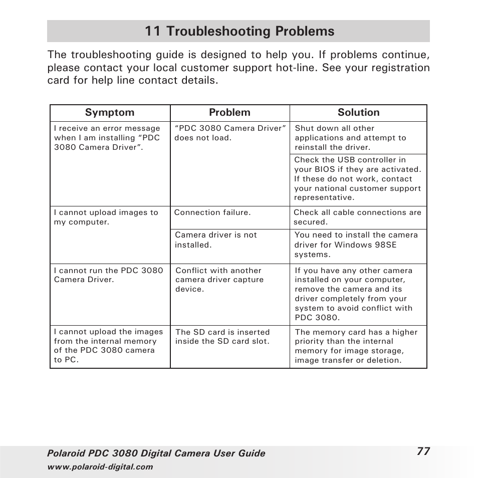 11 troubleshooting problems, Symptom problem solution | Polaroid PDC3080 User Manual | Page 77 / 90