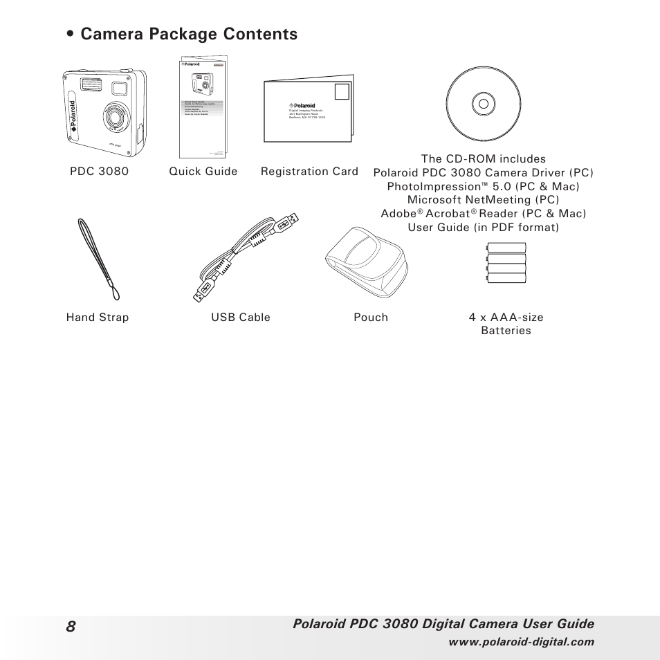 Camera package contents, Polaroid pdc 3080 digital camera user guide | Polaroid PDC3080 User Manual | Page 8 / 90