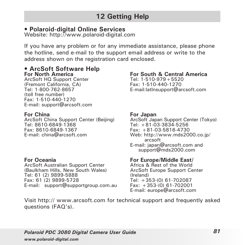 12 getting help, Polaroid-digital online services, Arcsoft software help | Polaroid PDC3080 User Manual | Page 81 / 90