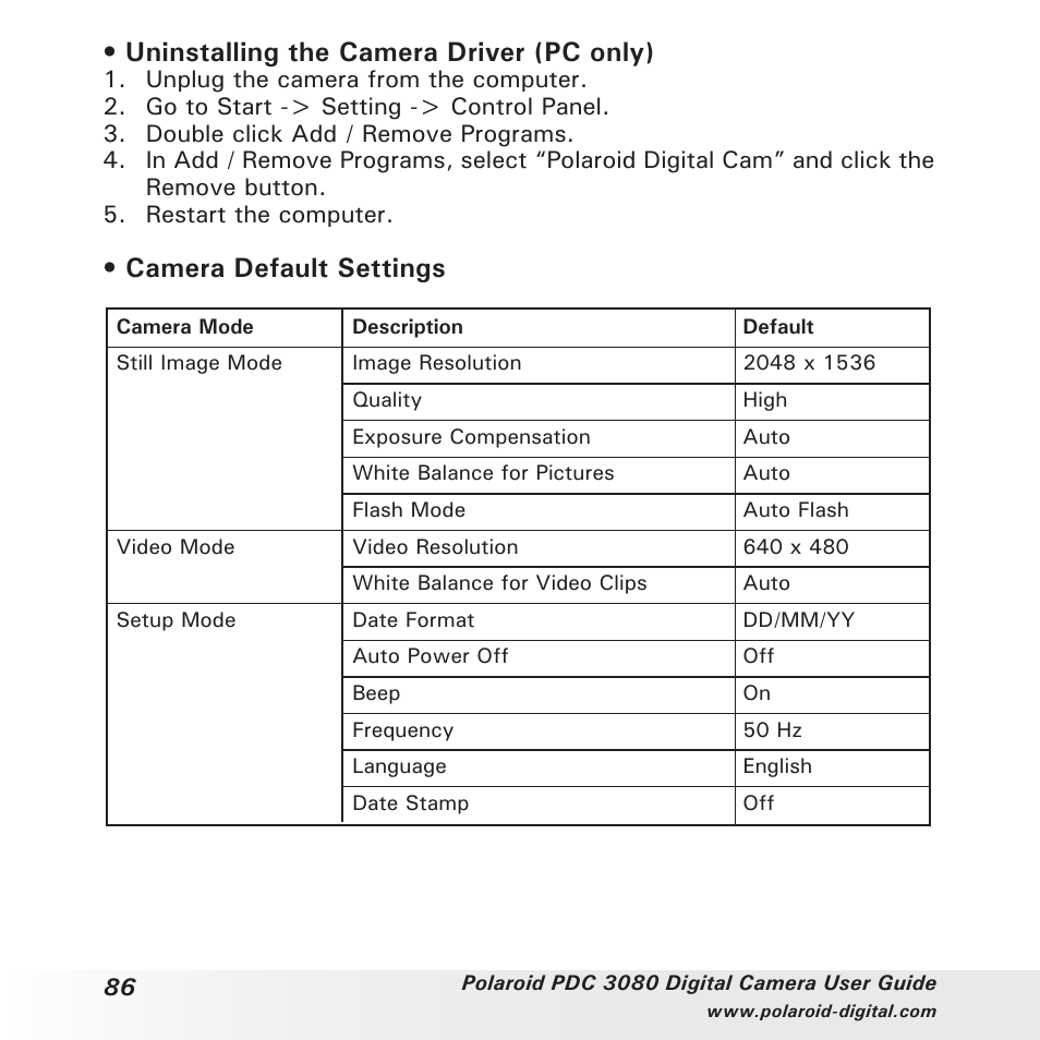 Uninstalling the camera driver (pc only), Camera default settings | Polaroid PDC3080 User Manual | Page 86 / 90