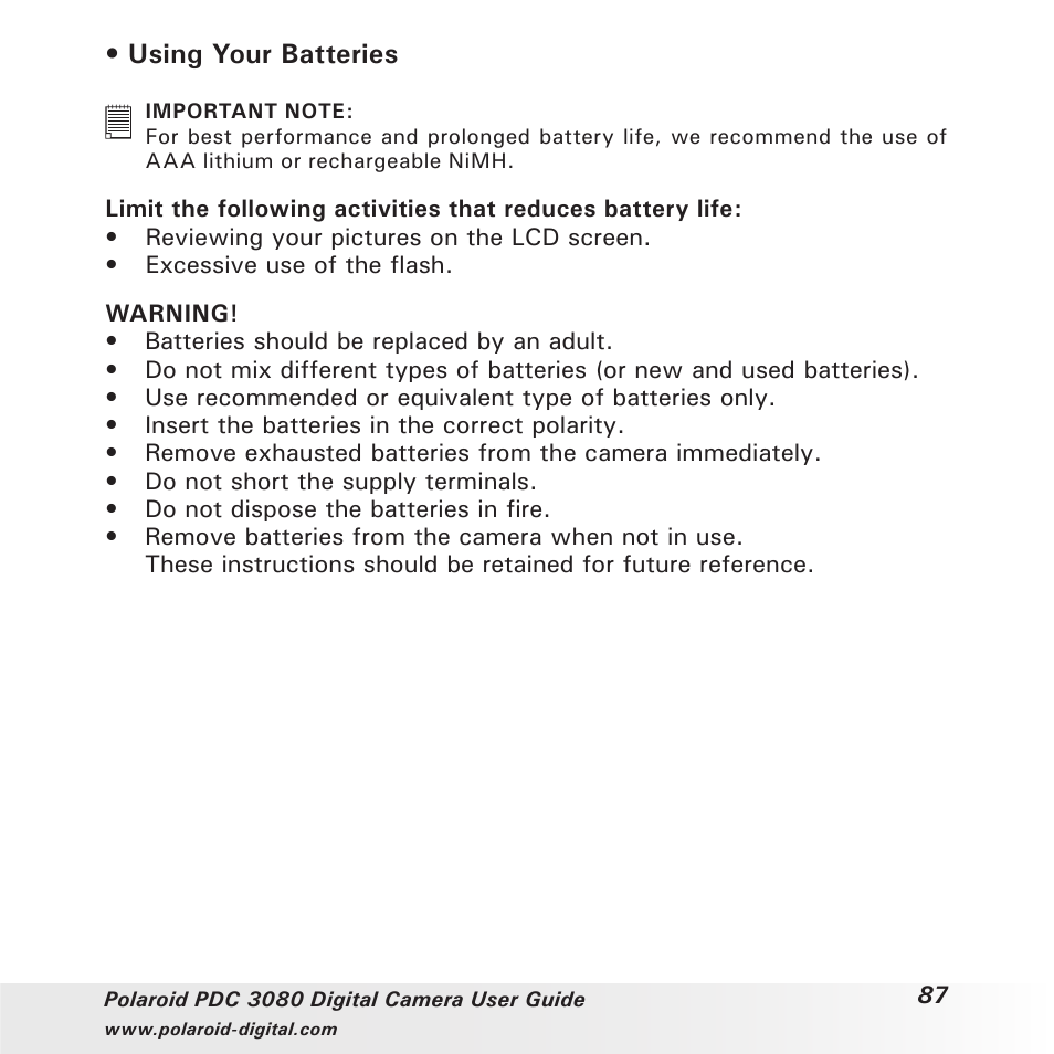 Using your batteries | Polaroid PDC3080 User Manual | Page 87 / 90