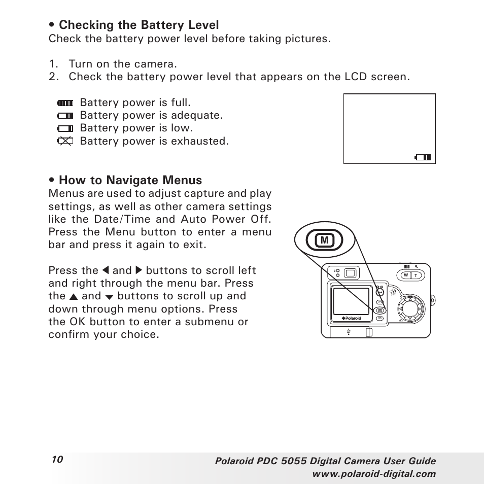 Checking the battery level, How to navigate menus | Polaroid PDC 505 User Manual | Page 10 / 88