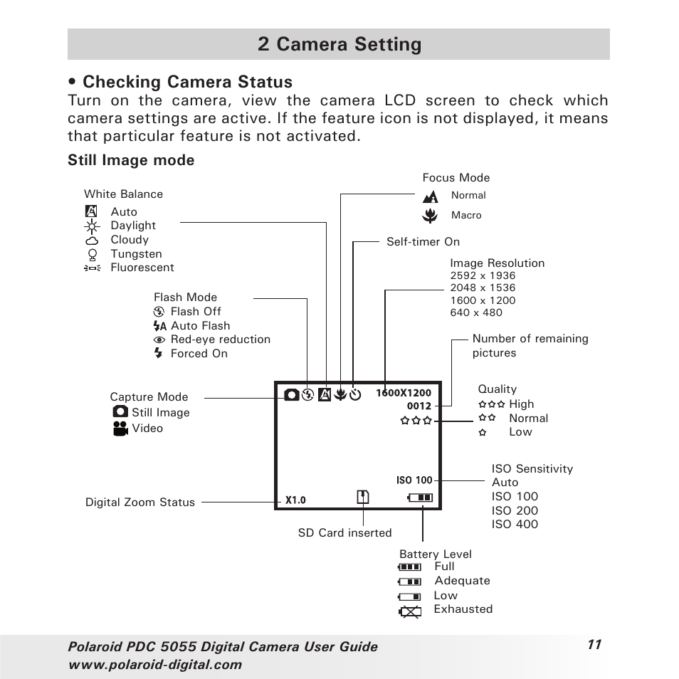 2 camera setting, Checking camera status | Polaroid PDC 505 User Manual | Page 11 / 88