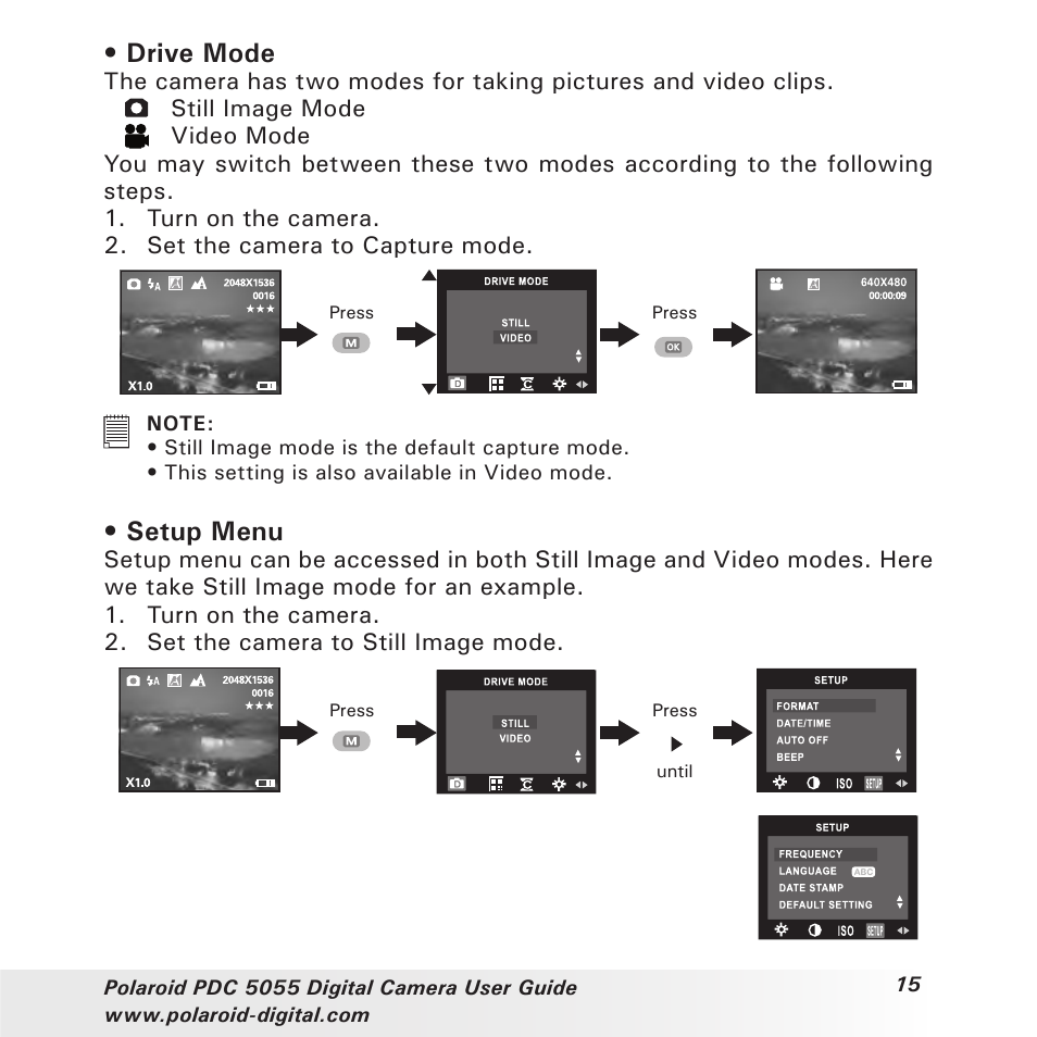 Drive mode, Setup menu | Polaroid PDC 505 User Manual | Page 15 / 88