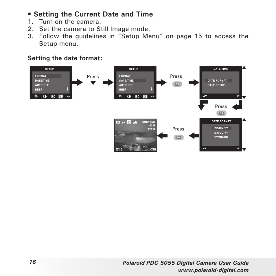 Setting the current date and time | Polaroid PDC 505 User Manual | Page 16 / 88
