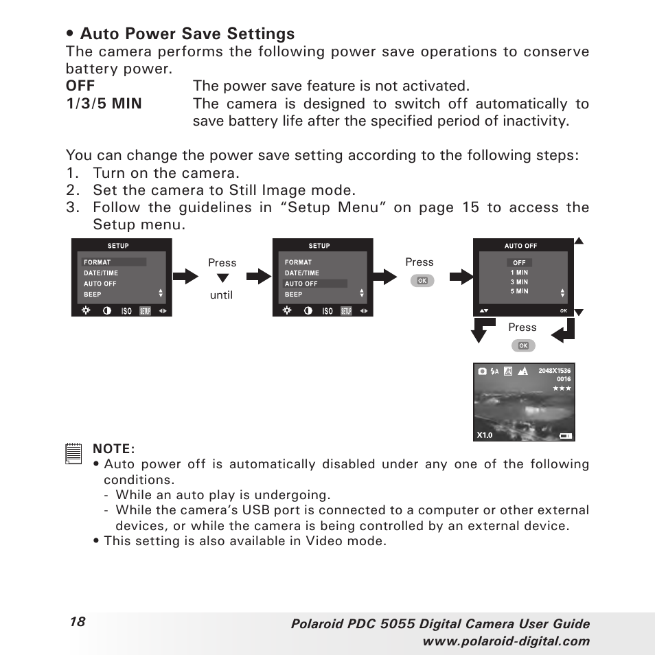 Auto power save settings | Polaroid PDC 505 User Manual | Page 18 / 88