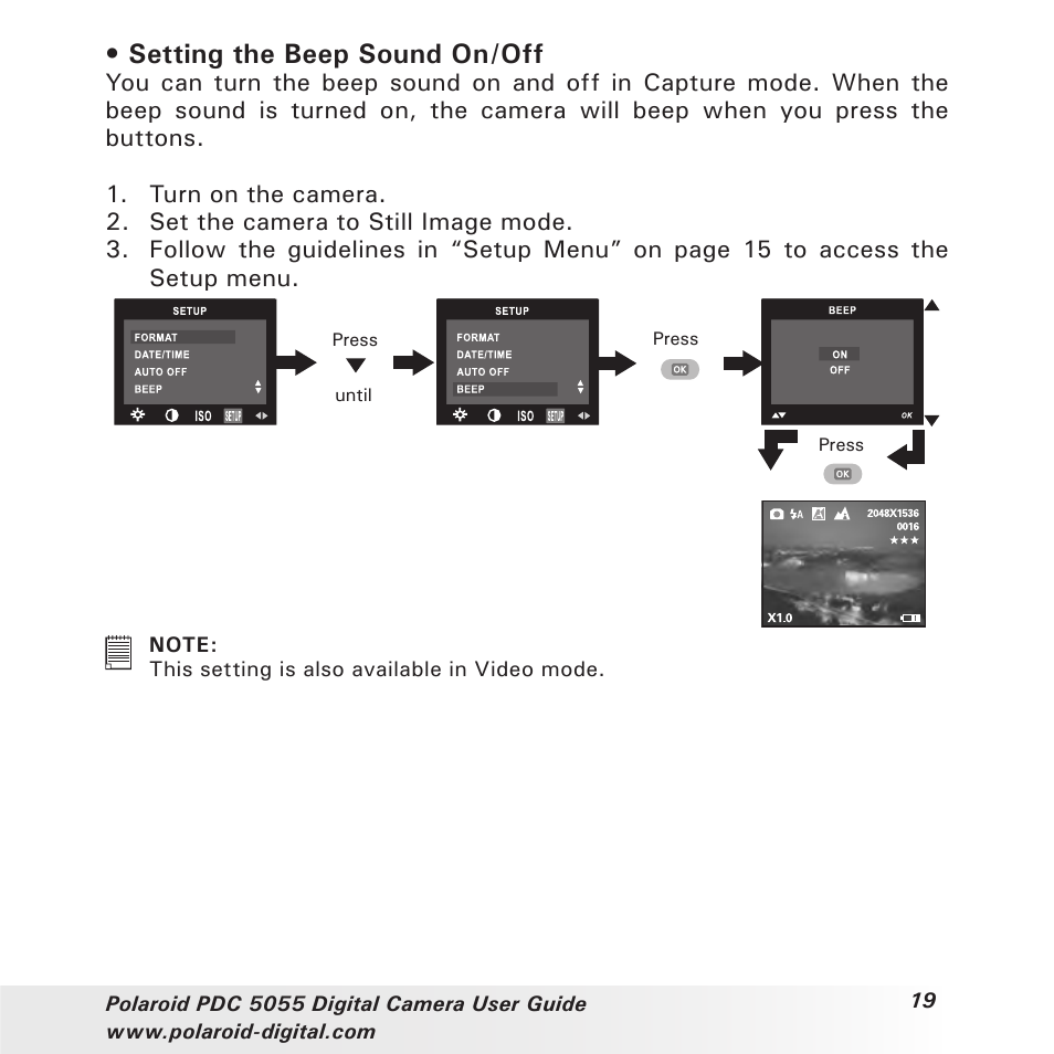 Setting the beep sound on/off | Polaroid PDC 505 User Manual | Page 19 / 88
